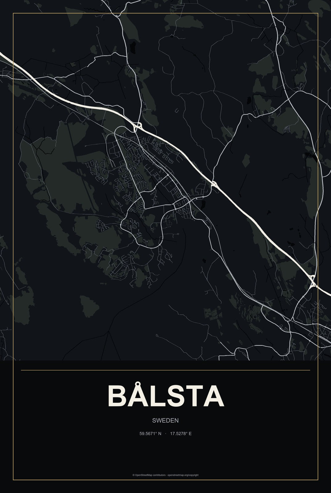 Bålsta, Sweden City Map Aluminum Sign in Metropolitan Noir style