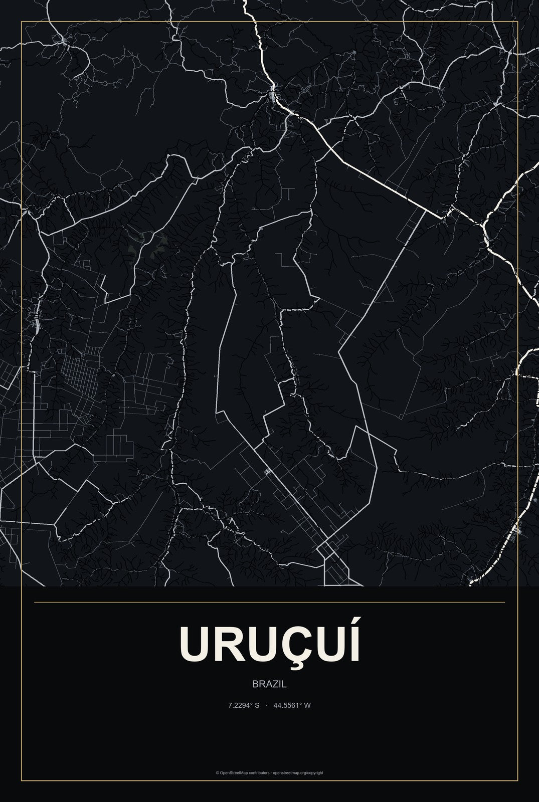 Uruçuí, Brazil City Map Aluminum Sign in Metropolitan Noir style