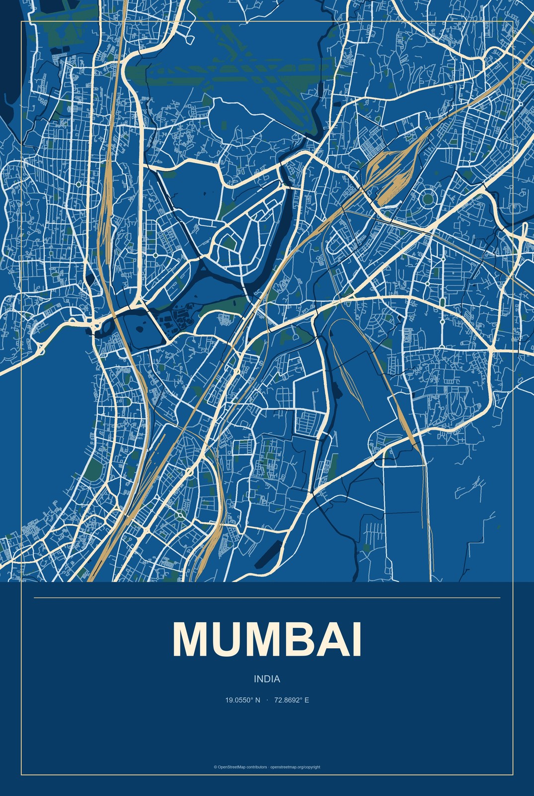 Mumbai, India City Map Aluminum Sign in Harbor Cobalt style