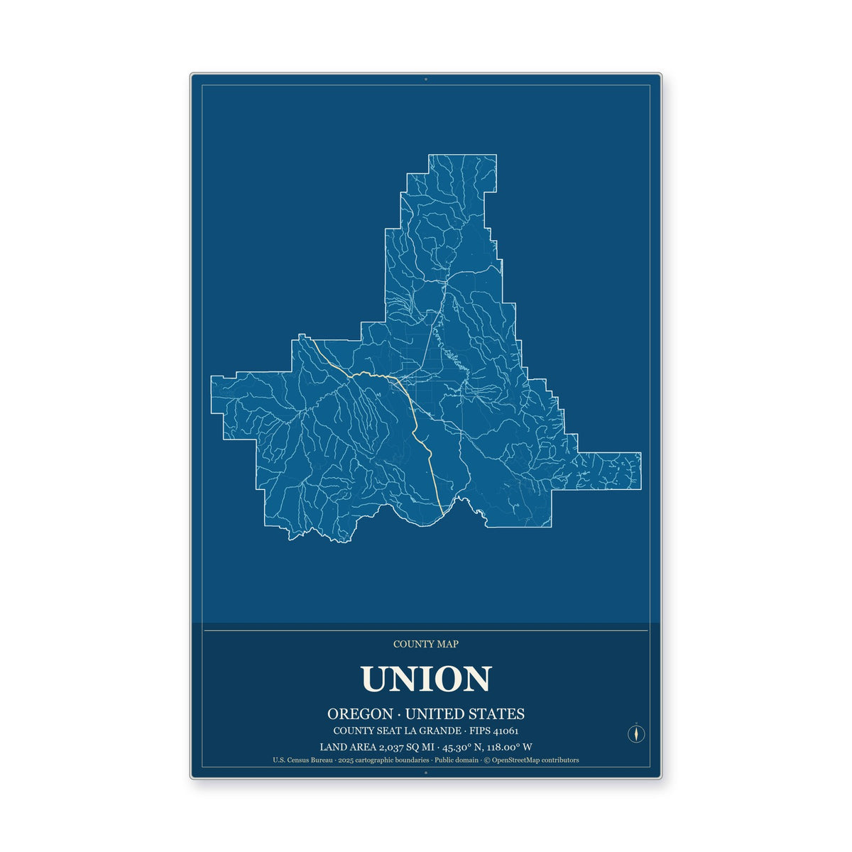 Union County, Oregon Map Aluminum Sign in Harbor Cobalt style
