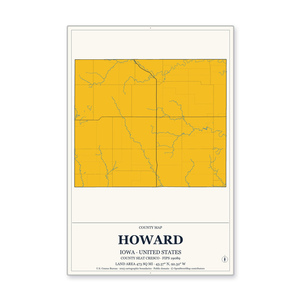 Howard County, Iowa Map Aluminum Sign in Citrine Modern style