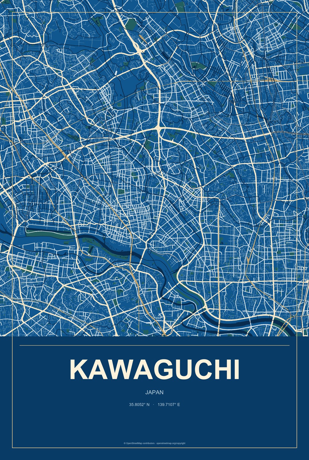 Kawaguchi, Japan City Map Aluminum Sign in Harbor Cobalt style
