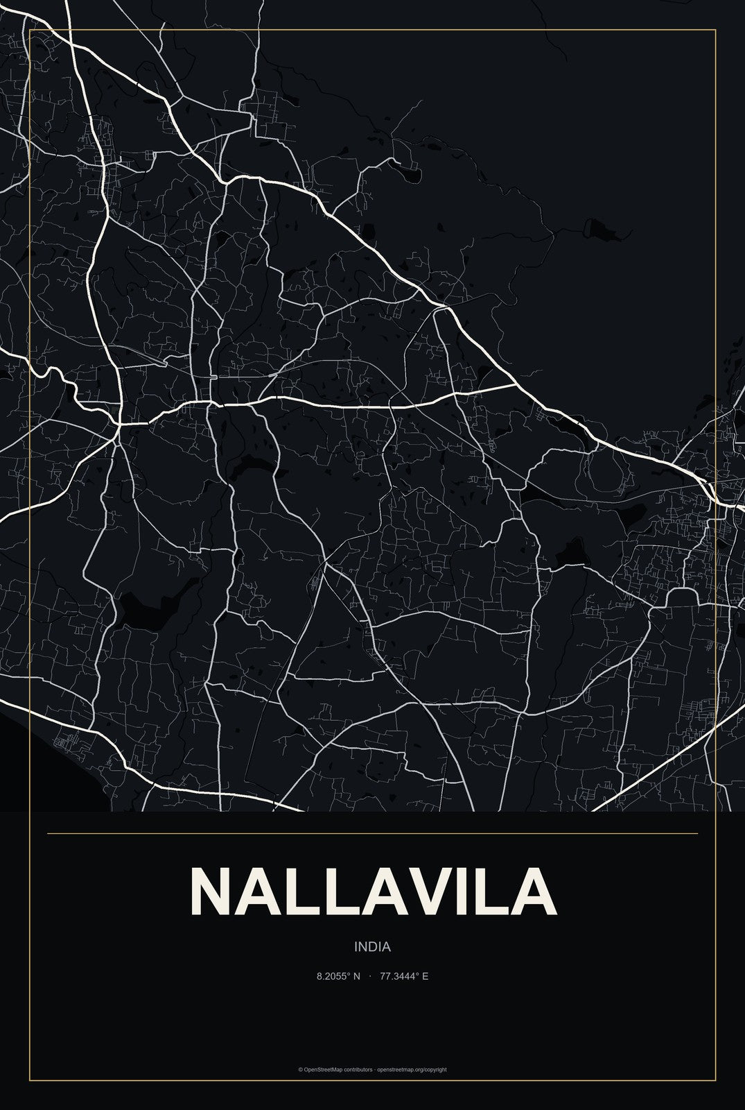 Nallavila, India City Map Aluminum Sign in Metropolitan Noir style