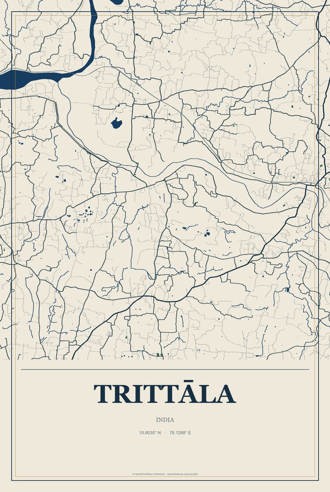 Trittāla, India City Map Aluminum Sign in Coastal Cutout style