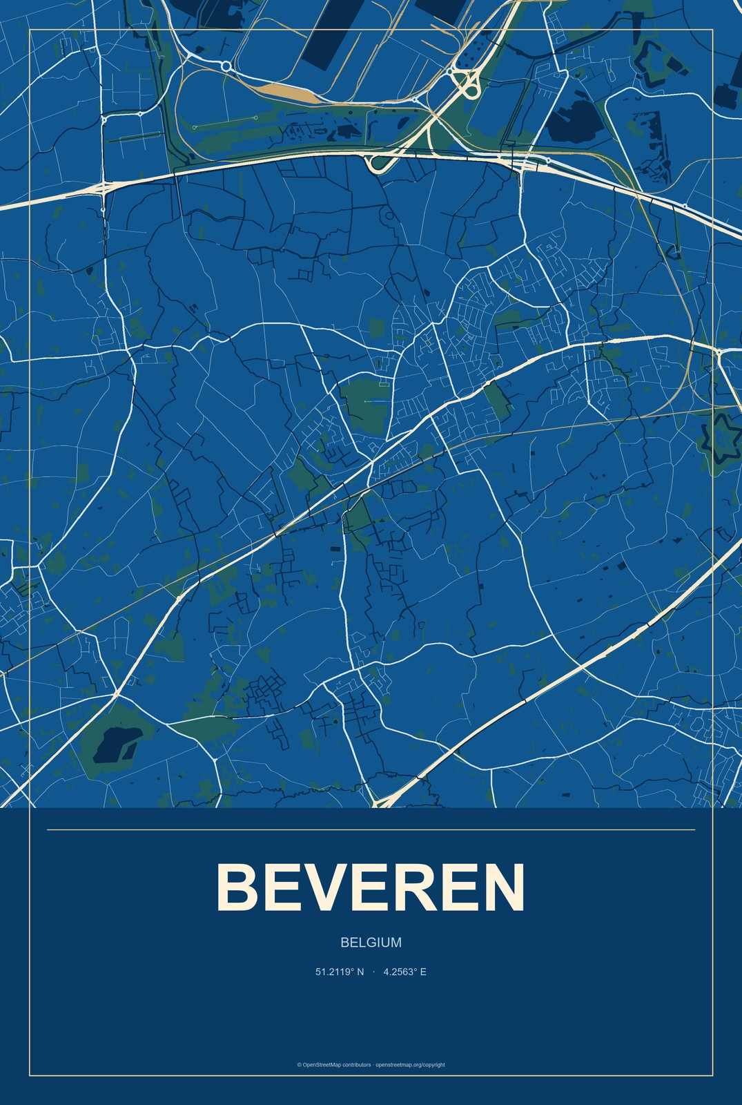 Beveren, Belgium City Map Aluminum Sign in Harbor Cobalt style