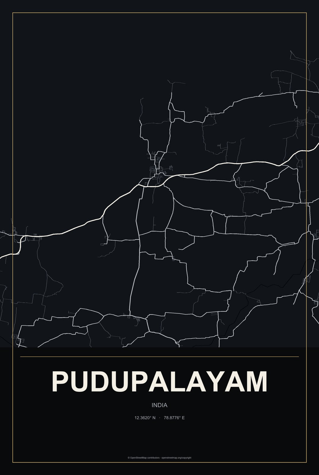 Pudupalayam, India City Map Aluminum Sign in Metropolitan Noir style
