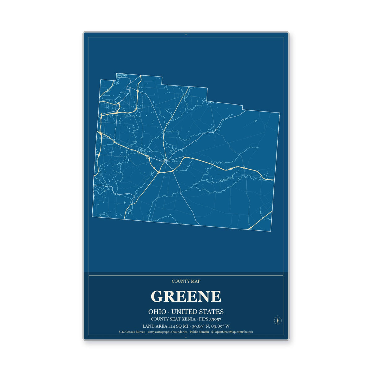 Greene County, Ohio Map Aluminum Sign in Harbor Cobalt style
