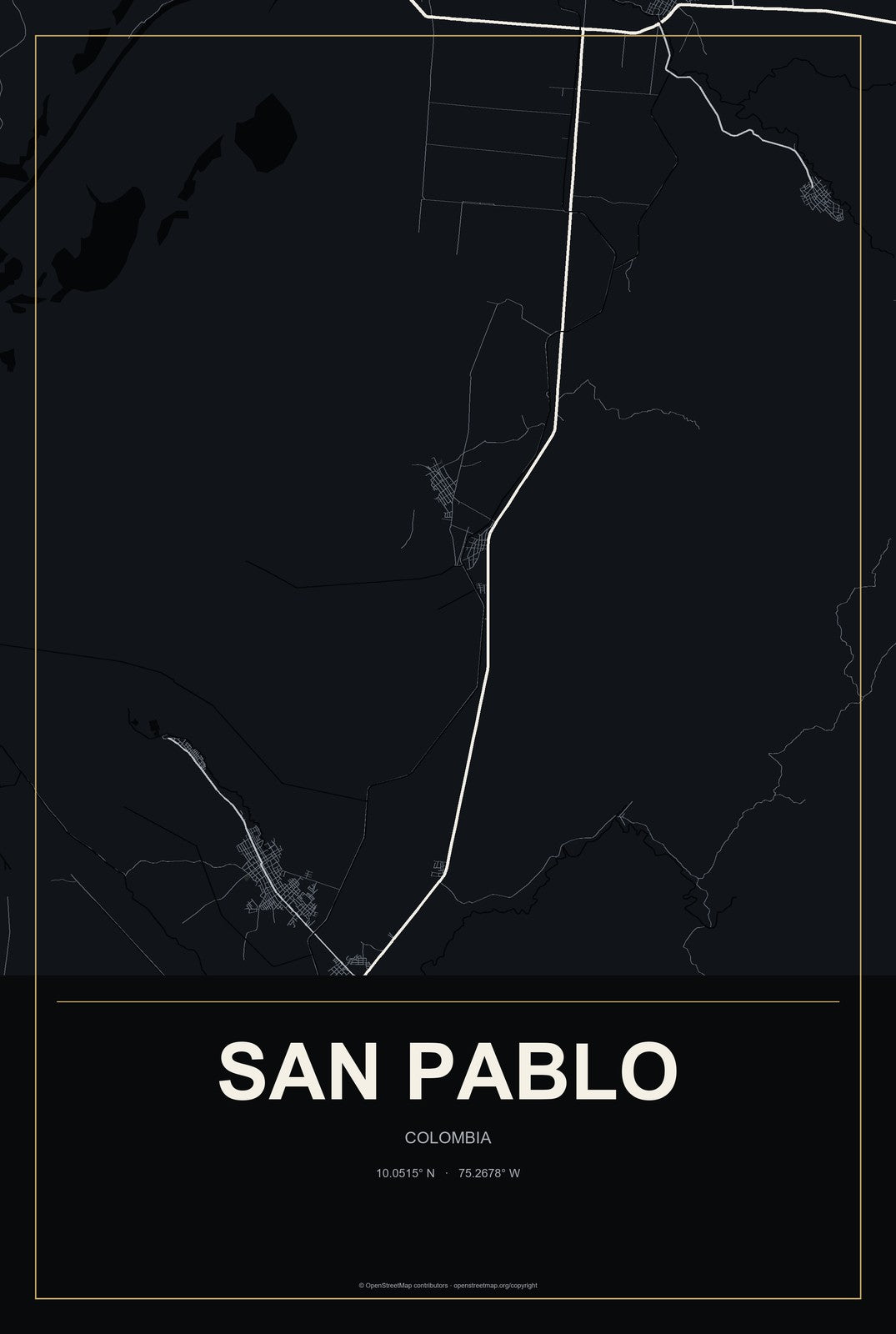 San Pablo, Colombia City Map Aluminum Sign in Metropolitan Noir style