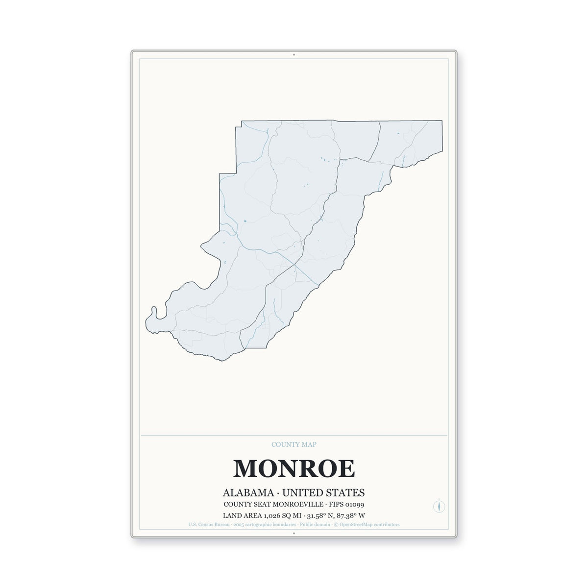 Monroe County, Alabama Map Aluminum Sign in Gallery Air style