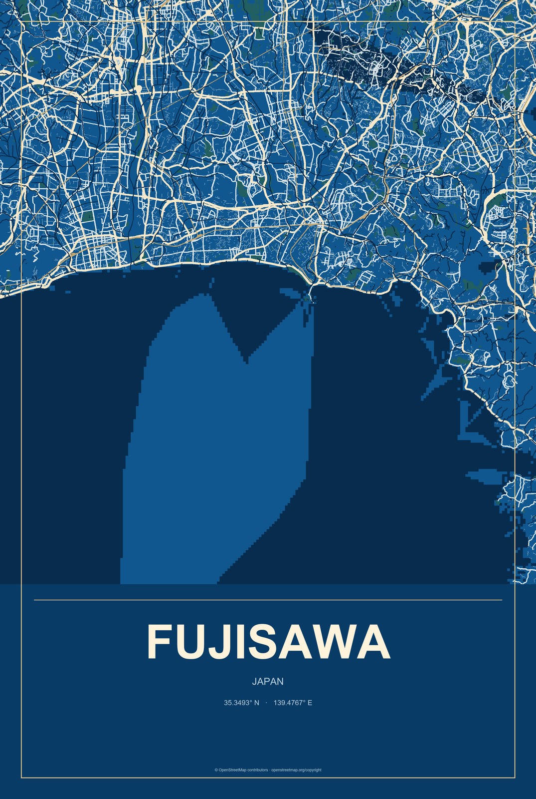 Fujisawa, Japan City Map Aluminum Sign in Harbor Cobalt style