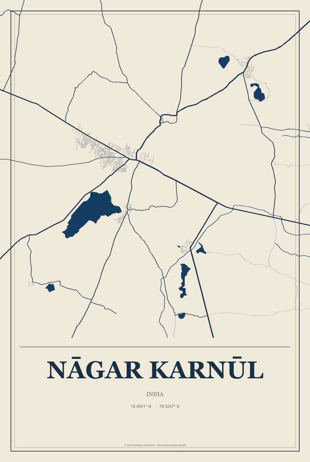 Nāgar Karnūl, India City Map Aluminum Sign in Coastal Cutout style