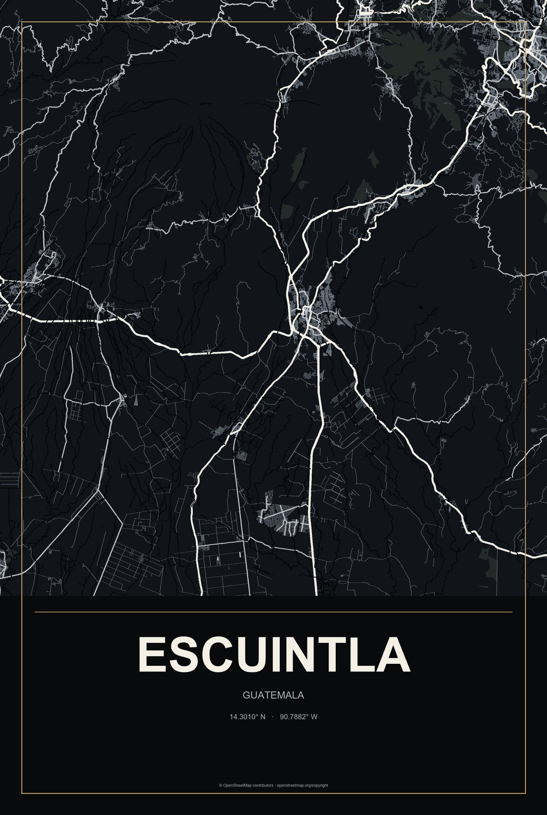 Escuintla, Guatemala City Map Aluminum Sign in Metropolitan Noir style