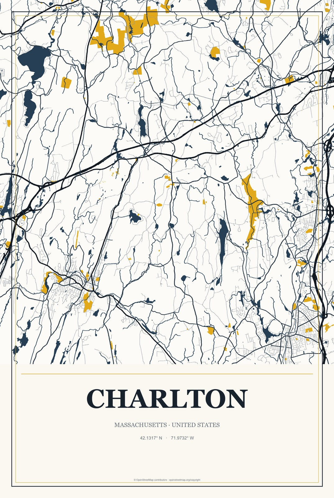 Charlton, Massachusetts City Map Aluminum Sign in Citrine Modern style
