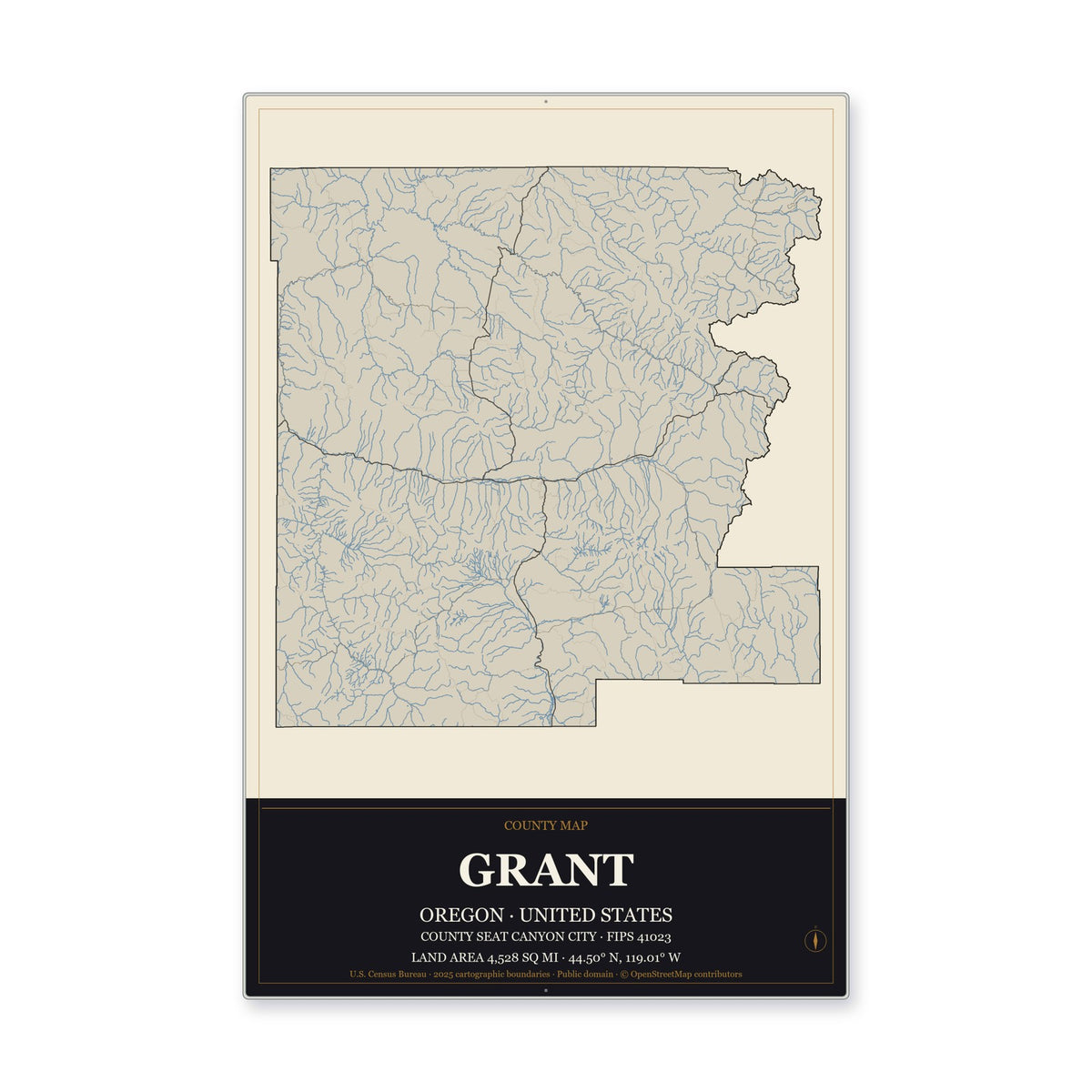 Grant County, Oregon Map Aluminum Sign in Museum Plaque style
