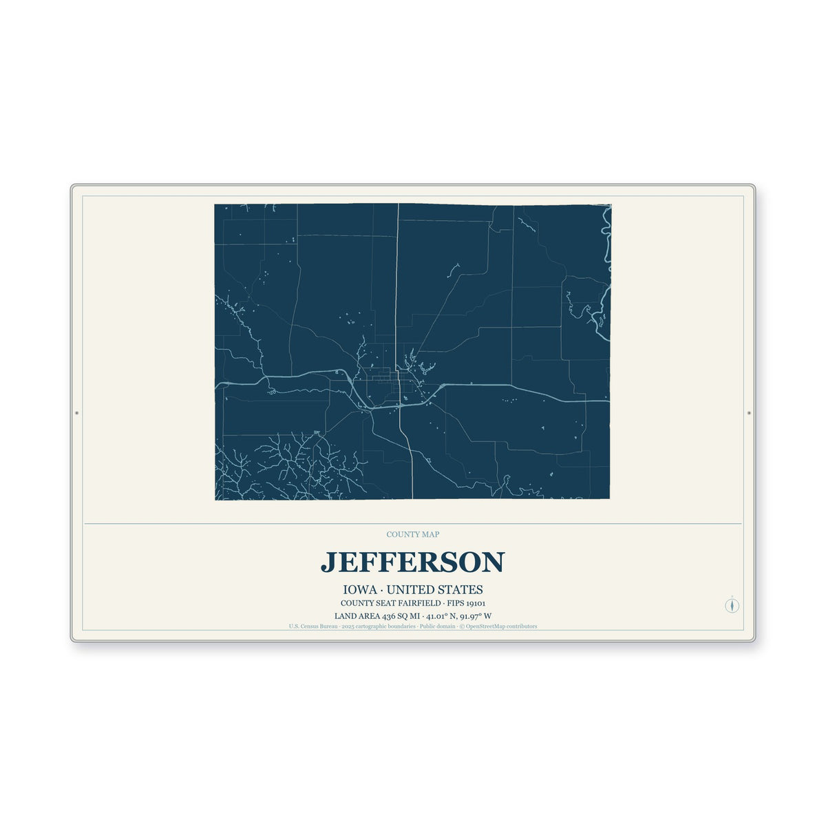 Jefferson County, Iowa Map Aluminum Sign in Coastal Cutout style