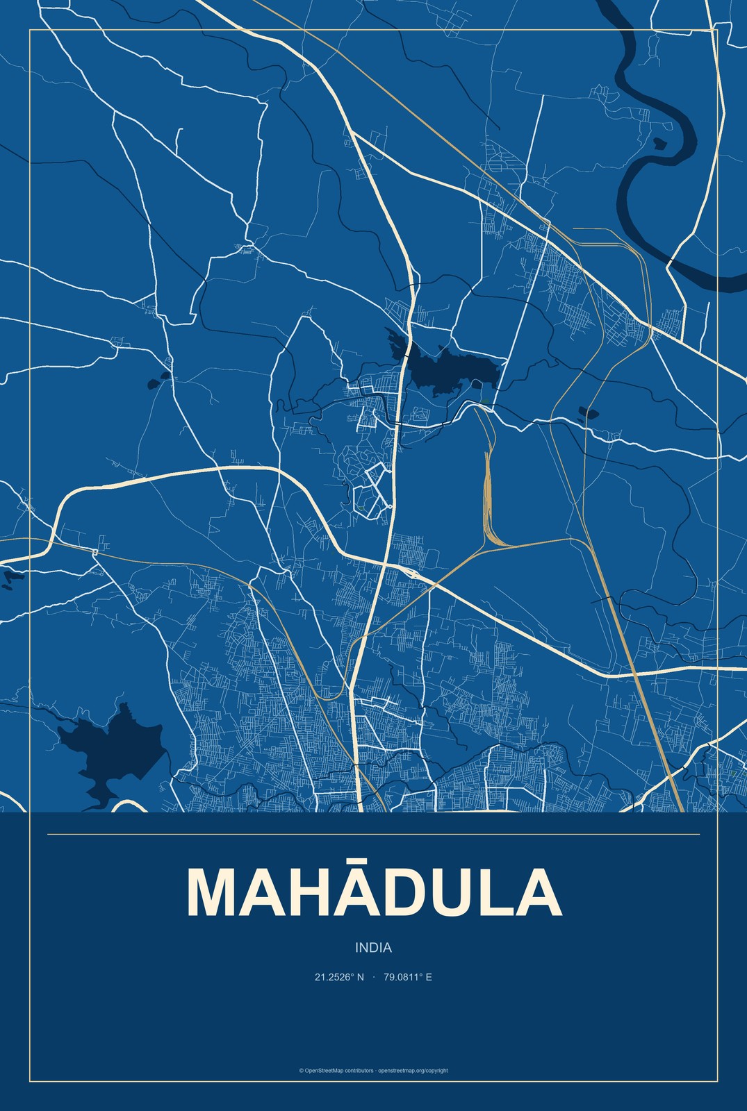 Mahādula, India City Map Aluminum Sign in Harbor Cobalt style