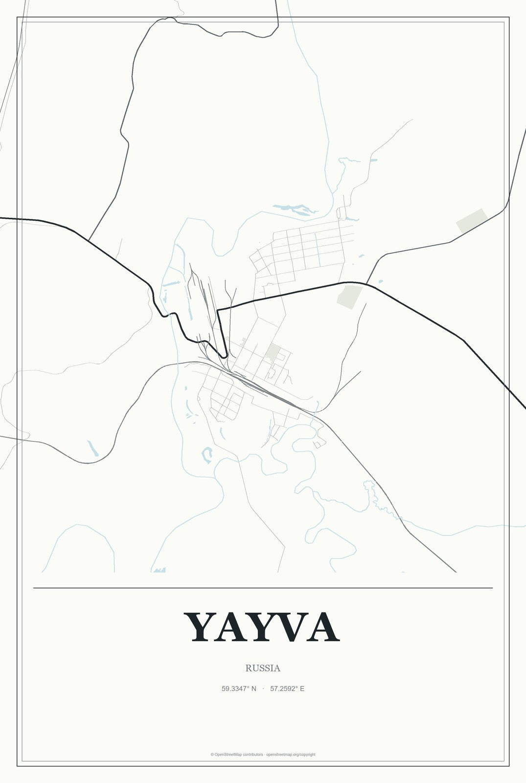 Yayva, Russia City Map Aluminum Sign in Gallery Air style