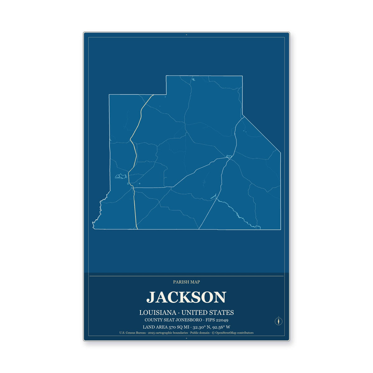 Jackson Parish, Louisiana Map Aluminum Sign in Harbor Cobalt style
