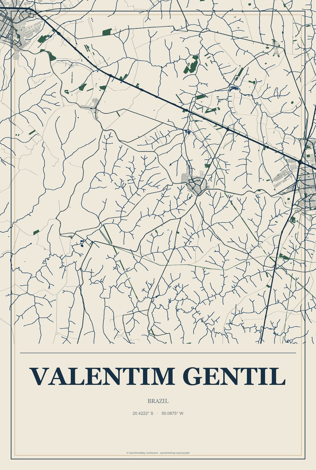 Valentim Gentil, Brazil City Map Aluminum Sign in Coastal Cutout style