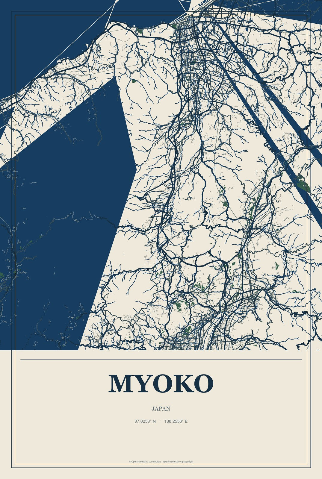 Myoko, Japan City Map Aluminum Sign in Coastal Cutout style