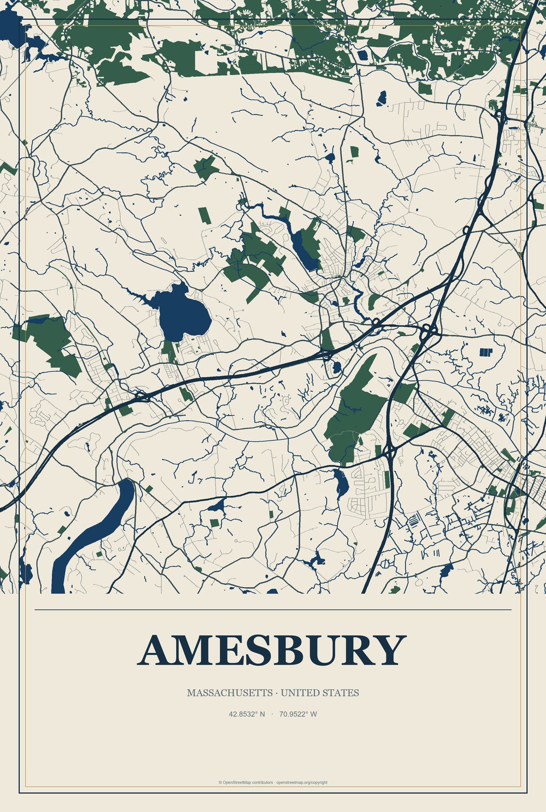 Amesbury, Massachusetts City Map Aluminum Sign in Coastal Cutout style
