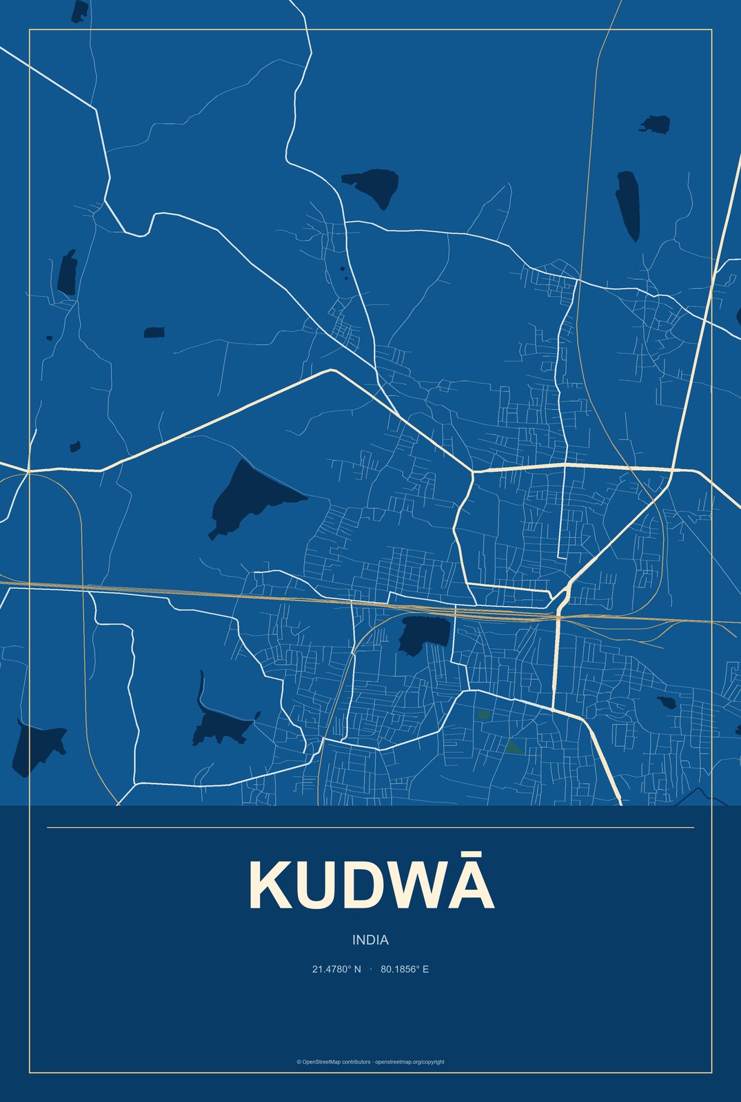 Kudwā, India City Map Aluminum Sign in Harbor Cobalt style