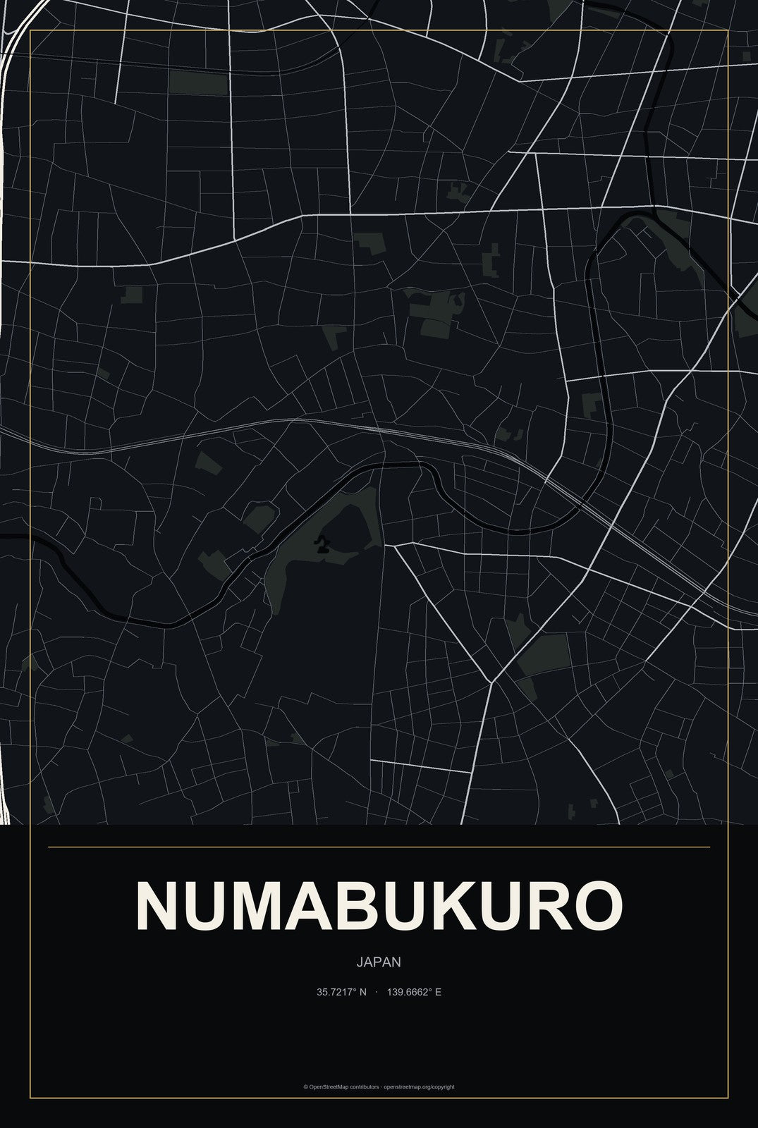 Numabukuro, Japan City Map Aluminum Sign in Metropolitan Noir style