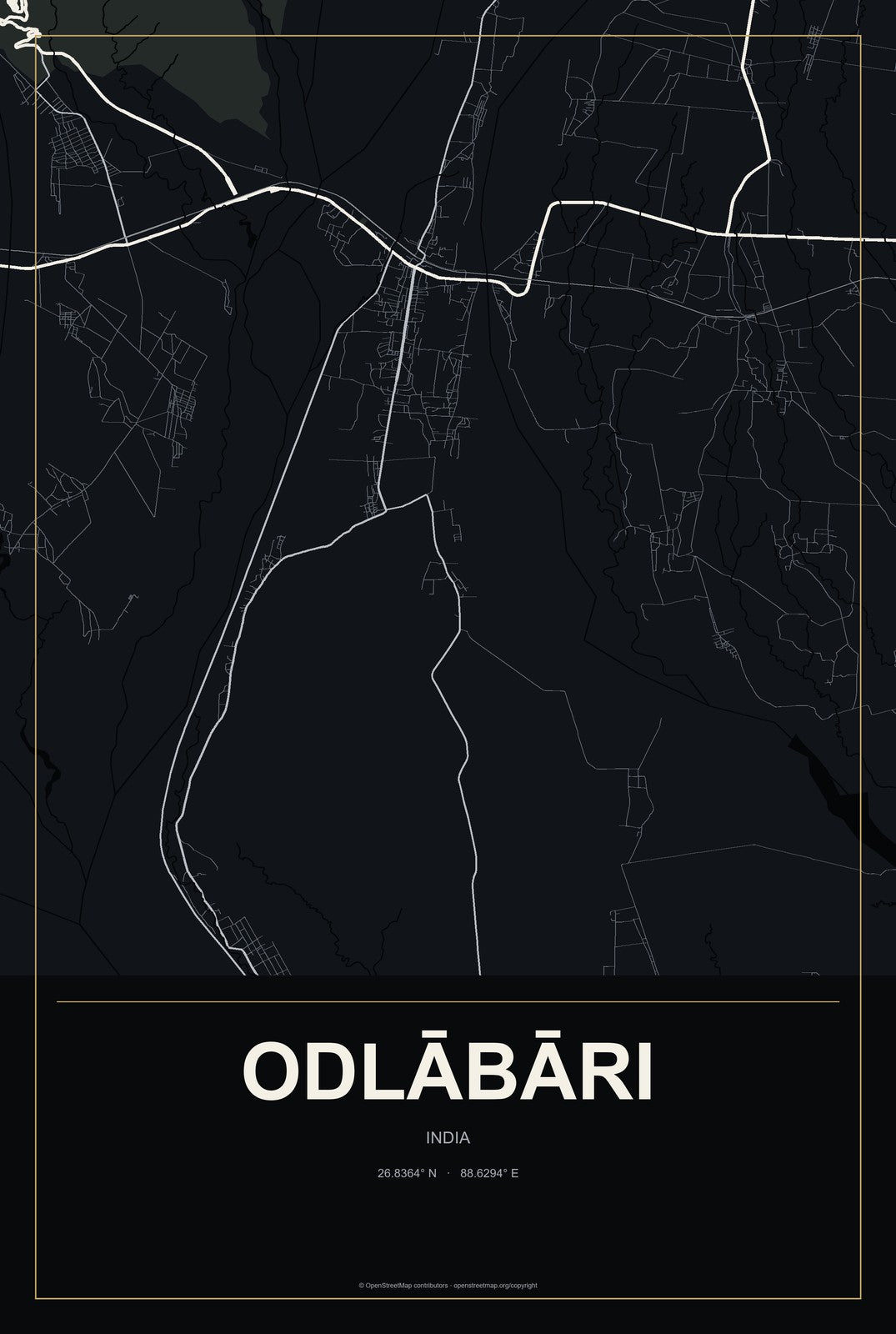 Odlābāri, India City Map Aluminum Sign in Metropolitan Noir style