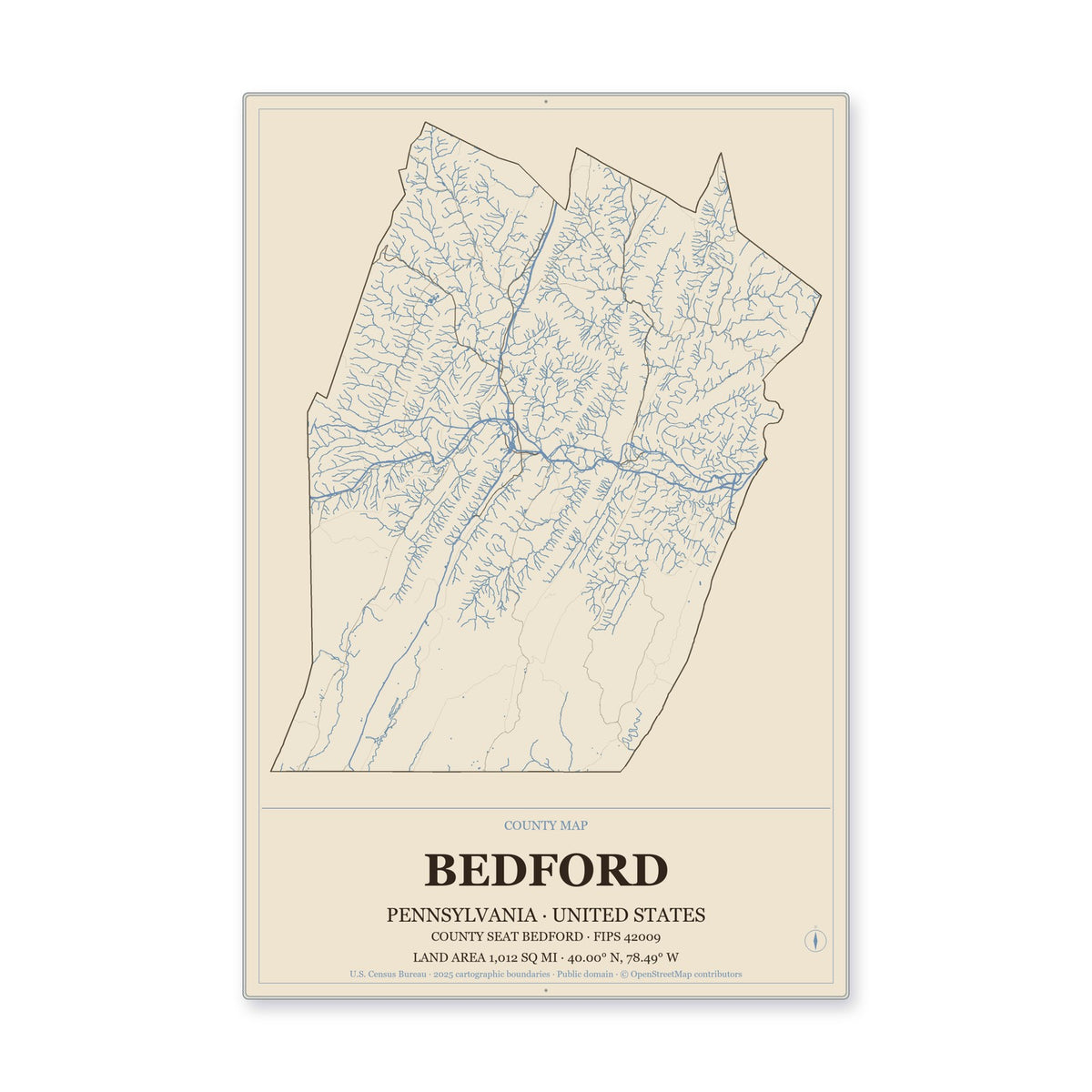 Bedford County, Pennsylvania Map Aluminum Sign in Heritage Nautical style