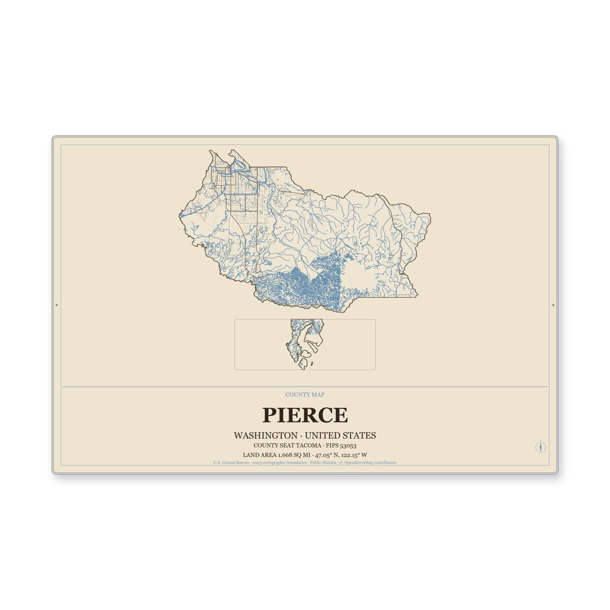 Pierce County, Washington Map Aluminum Sign in Heritage Nautical style
