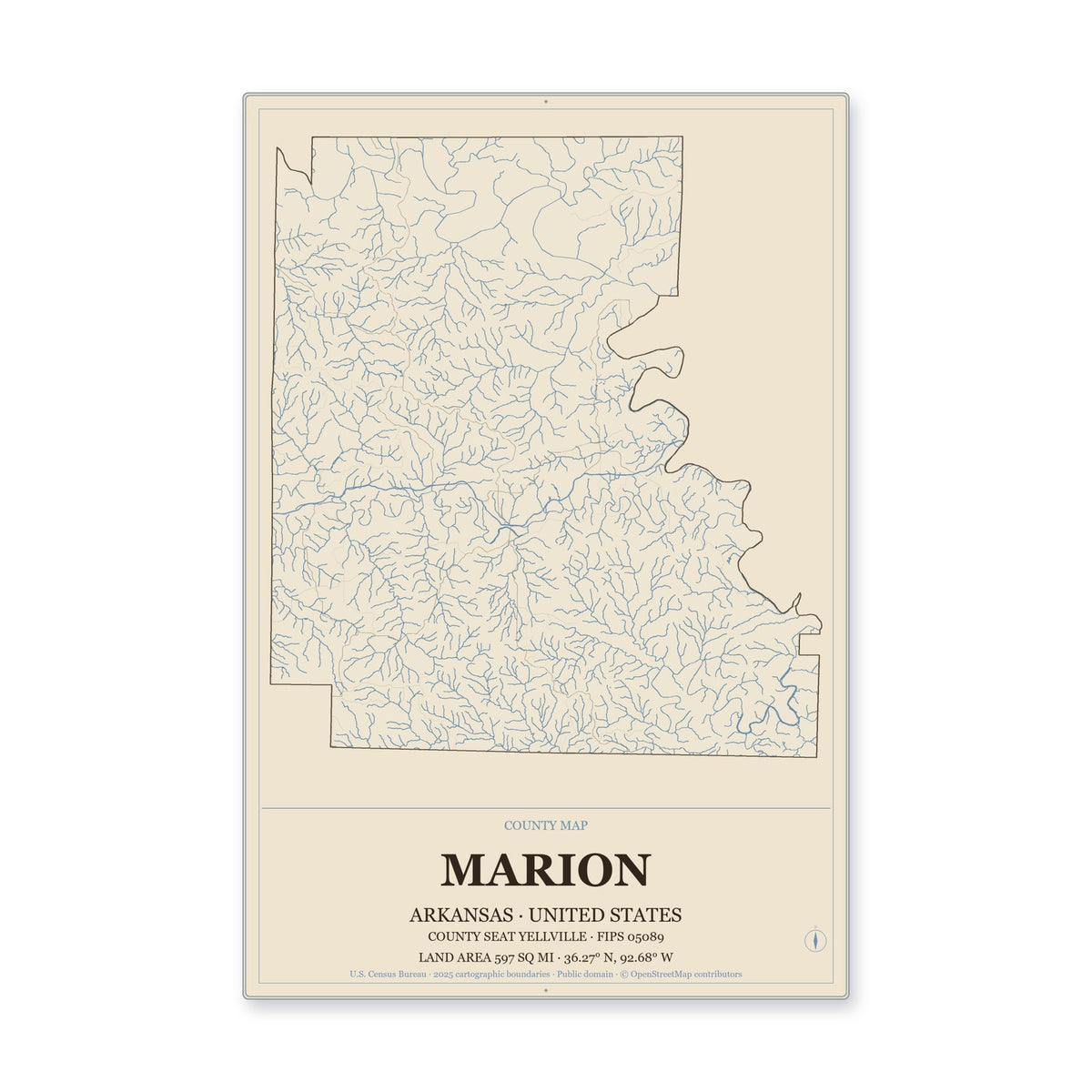 Marion County, Arkansas Map Aluminum Sign in Heritage Nautical style