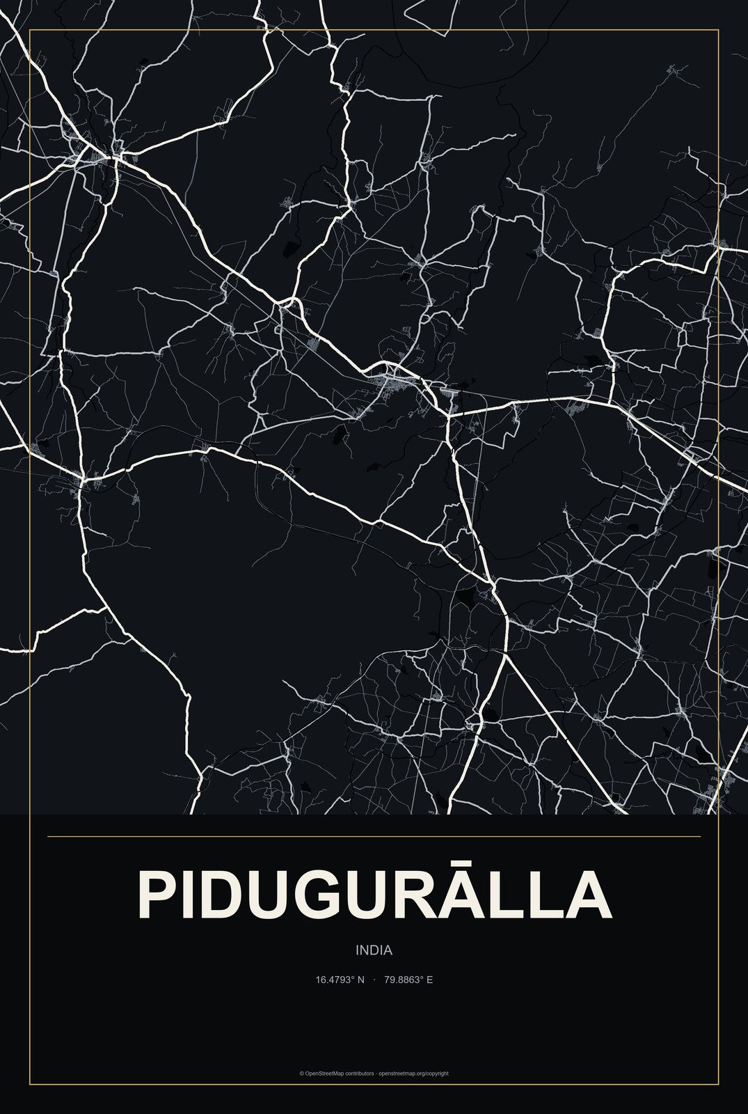 Pidugurālla, India City Map Aluminum Sign in Metropolitan Noir style