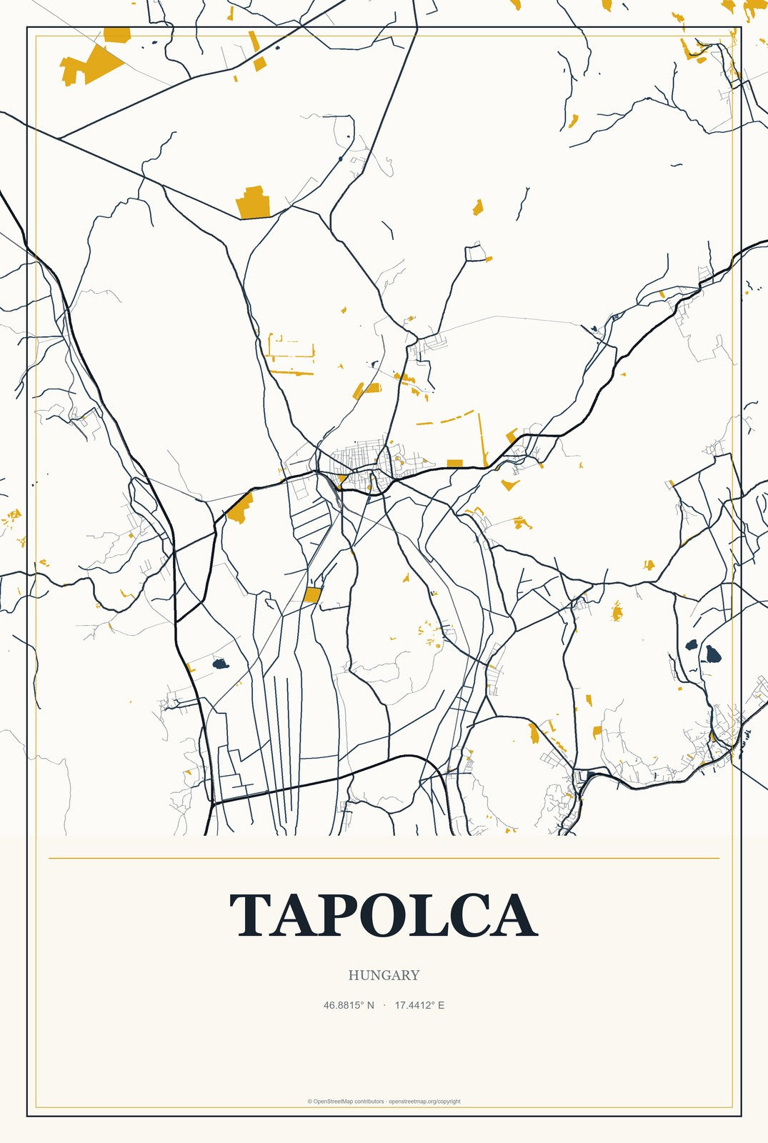 Tapolca, Hungary City Map Aluminum Sign in Citrine Modern style