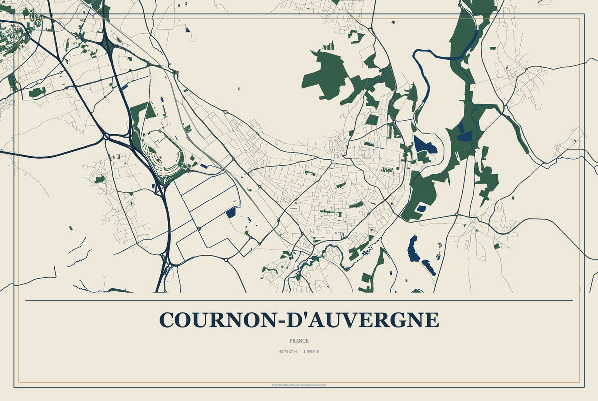 Cournon-d'Auvergne, France City Map Aluminum Sign in Coastal Cutout style