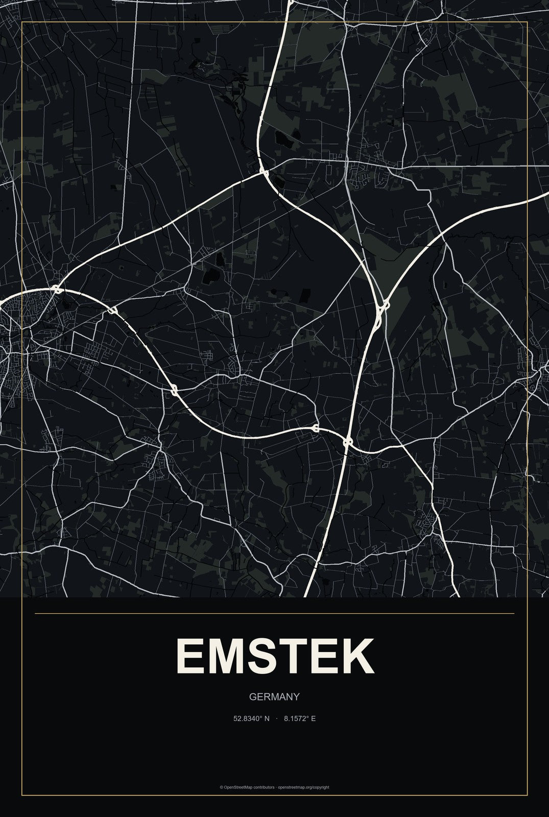 Emstek, Germany City Map Aluminum Sign in Metropolitan Noir style