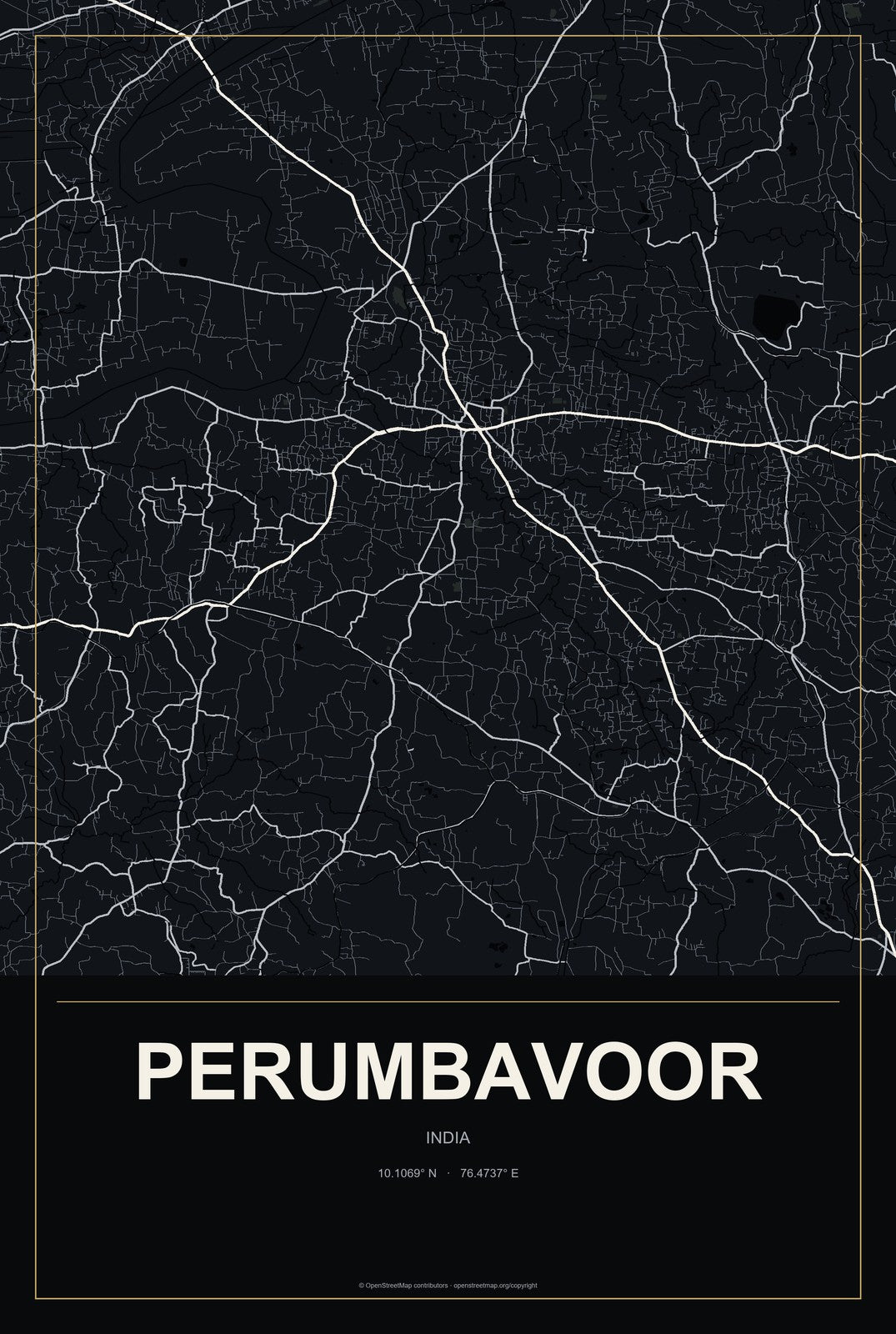 Perumbavoor, India City Map Aluminum Sign in Metropolitan Noir style