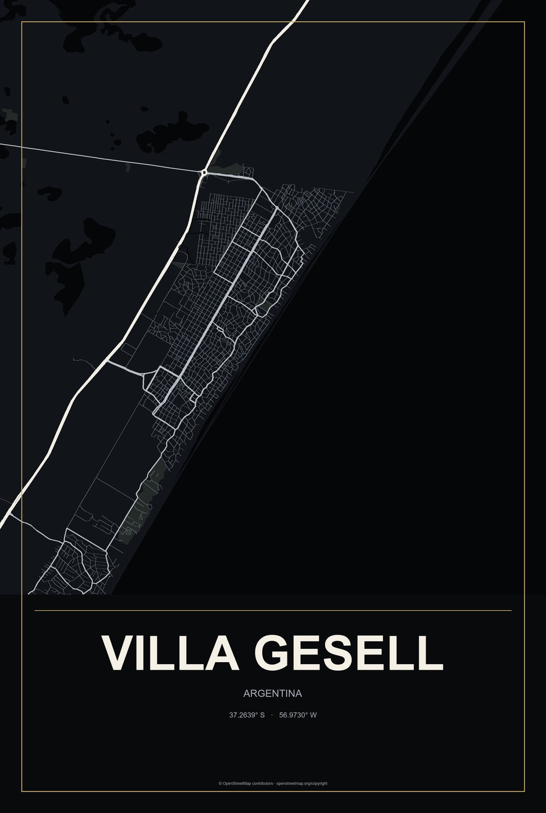 Villa Gesell, Argentina City Map Aluminum Sign in Metropolitan Noir style