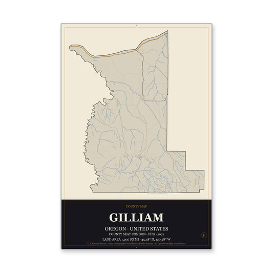 Gilliam County, Oregon Map Aluminum Sign in Museum Plaque style