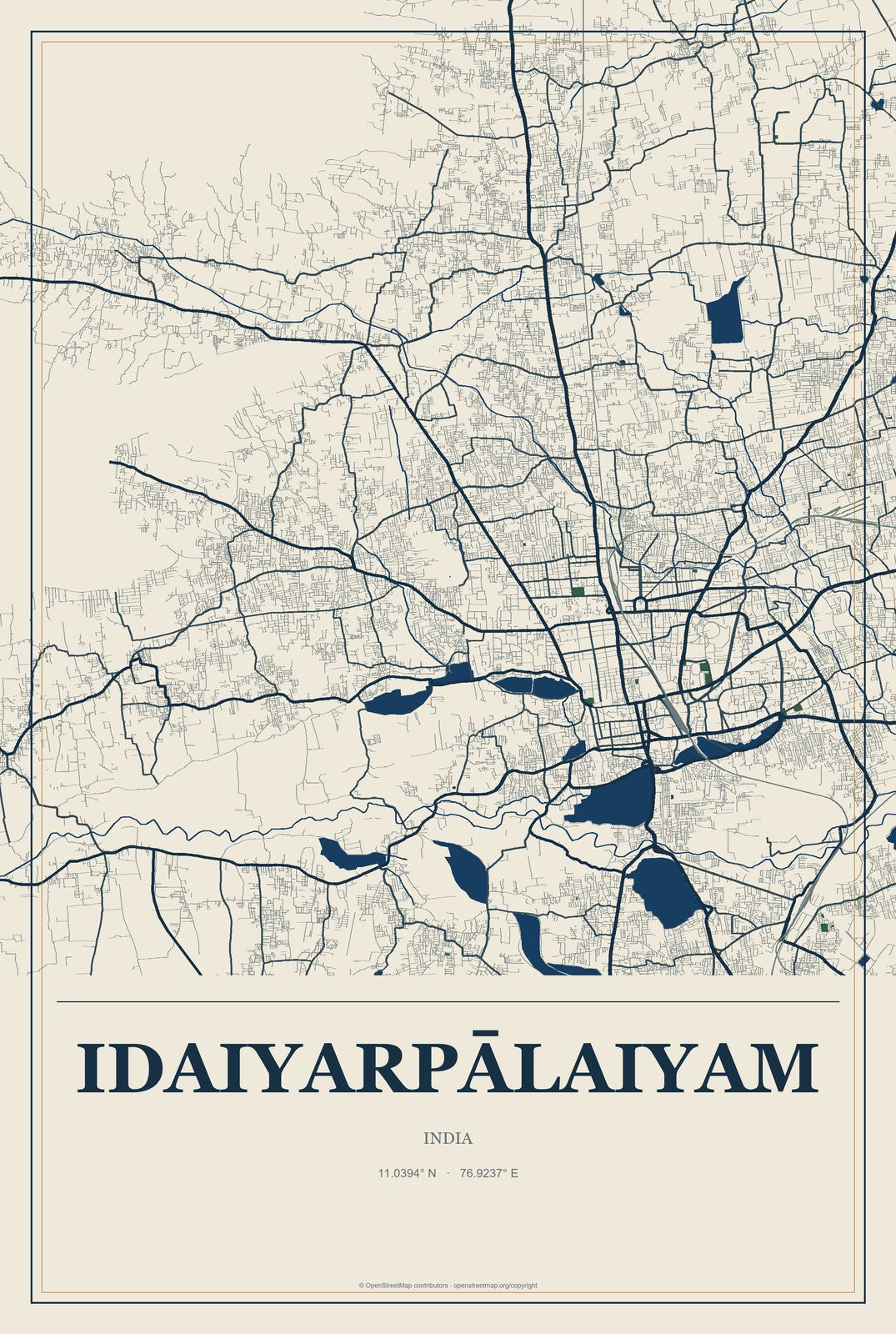 Idaiyarpālaiyam, India City Map Aluminum Sign in Coastal Cutout style