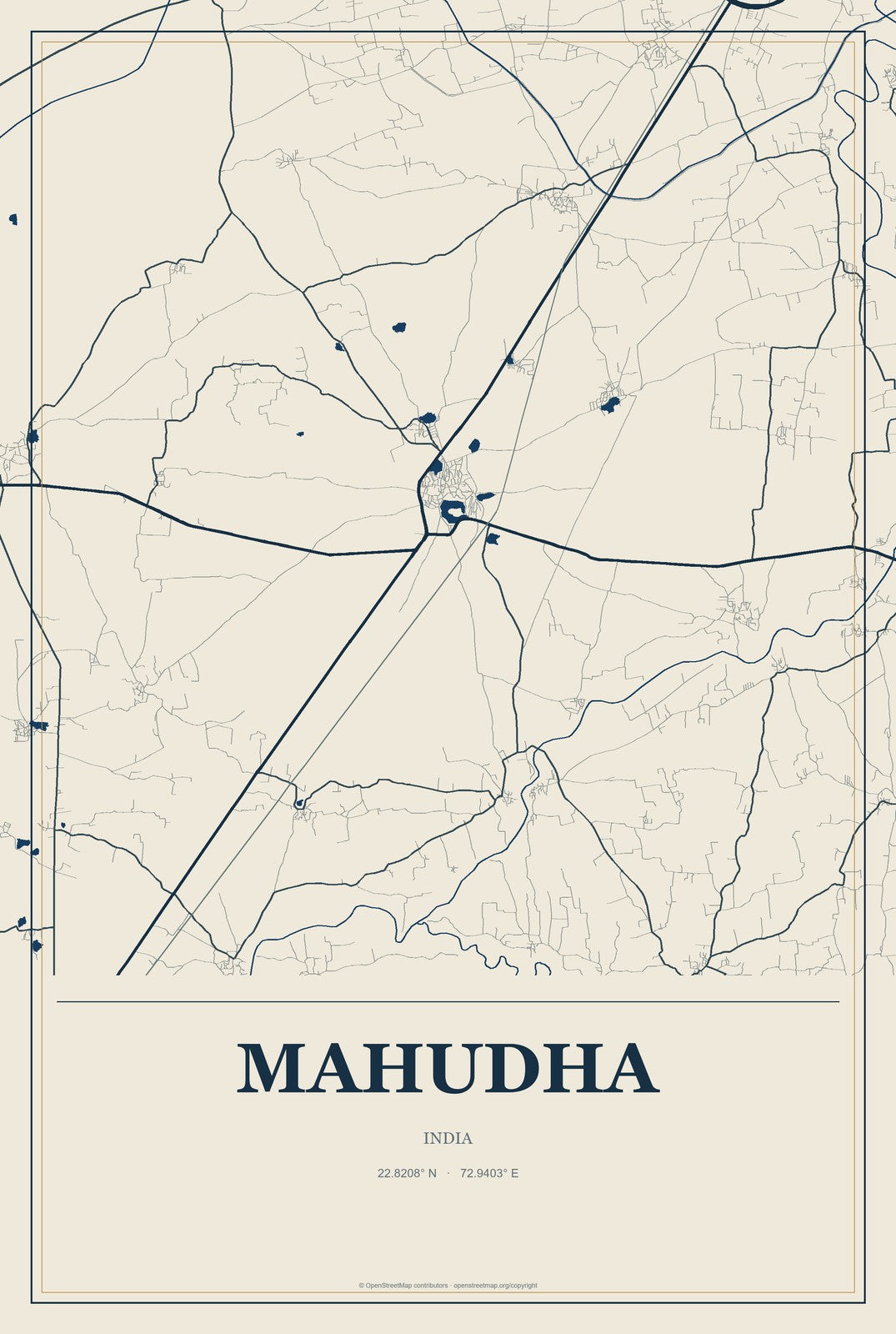 Mahudha, India City Map Aluminum Sign in Coastal Cutout style