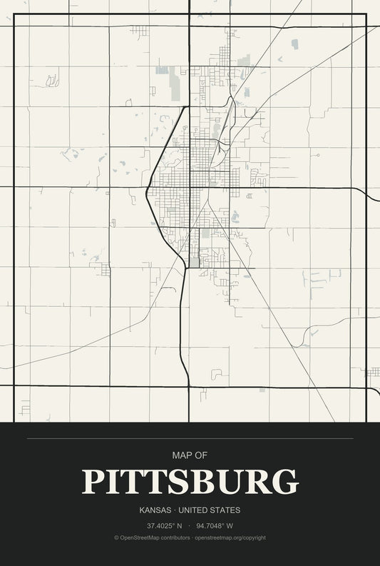 Pittsburg, Kansas City Map Aluminum Sign in Museum Plaque style