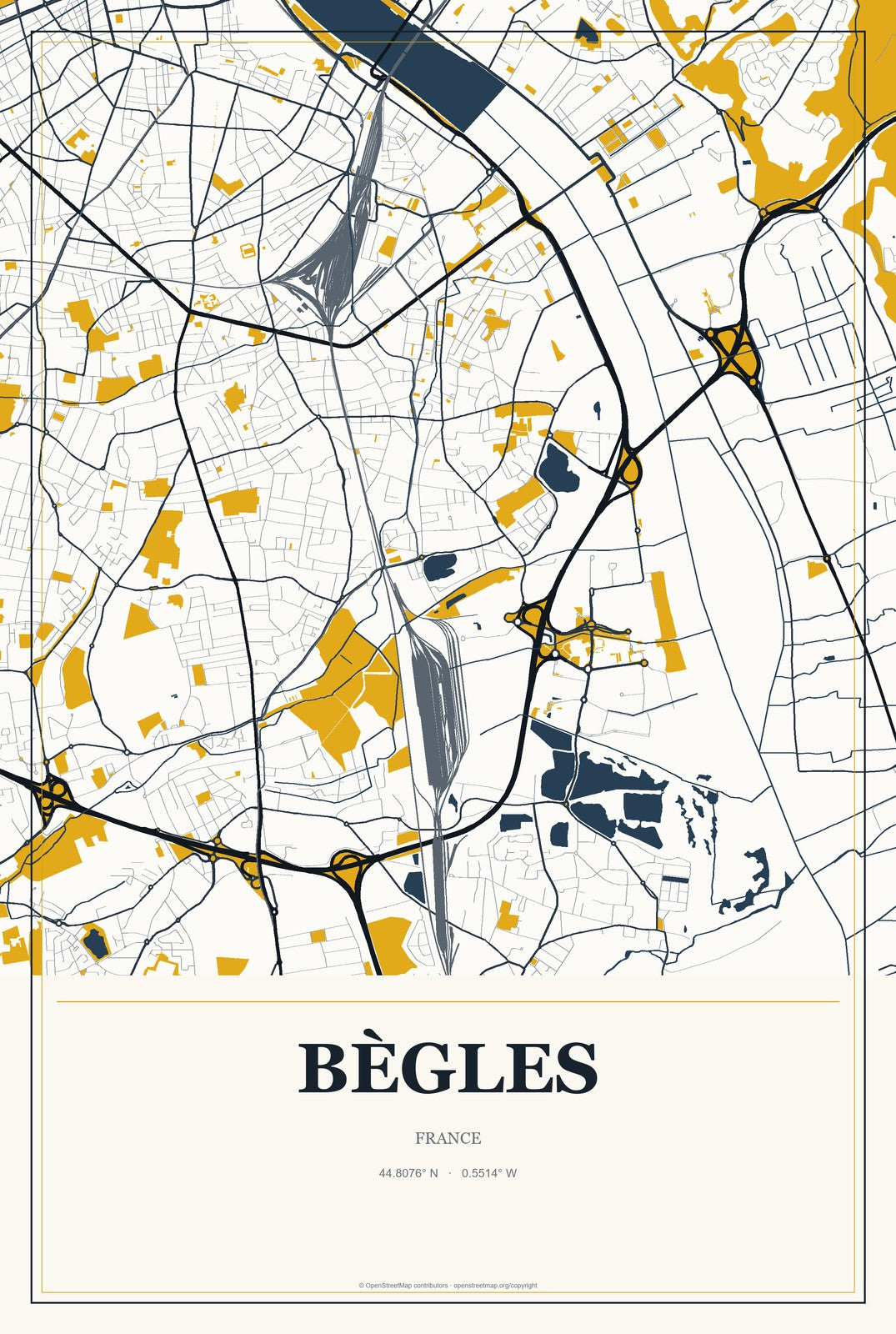 Bègles, France City Map Aluminum Sign in Citrine Modern style