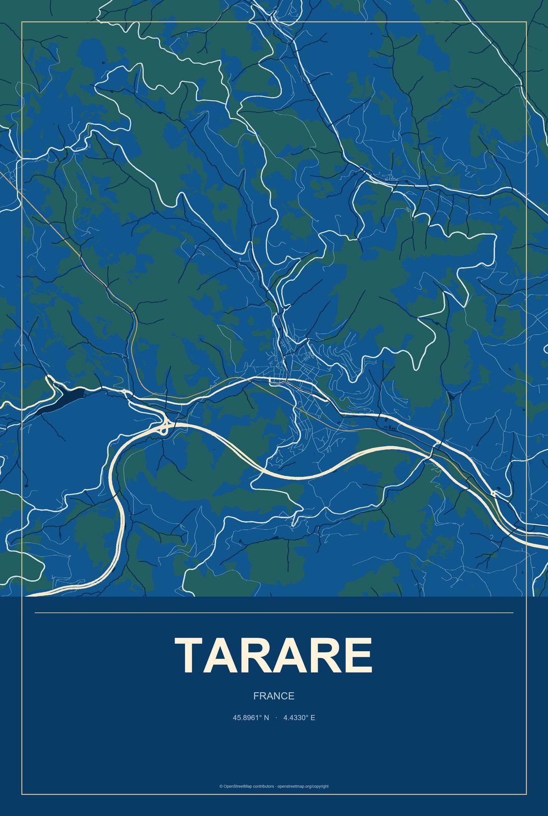 Tarare, France City Map Aluminum Sign in Harbor Cobalt style