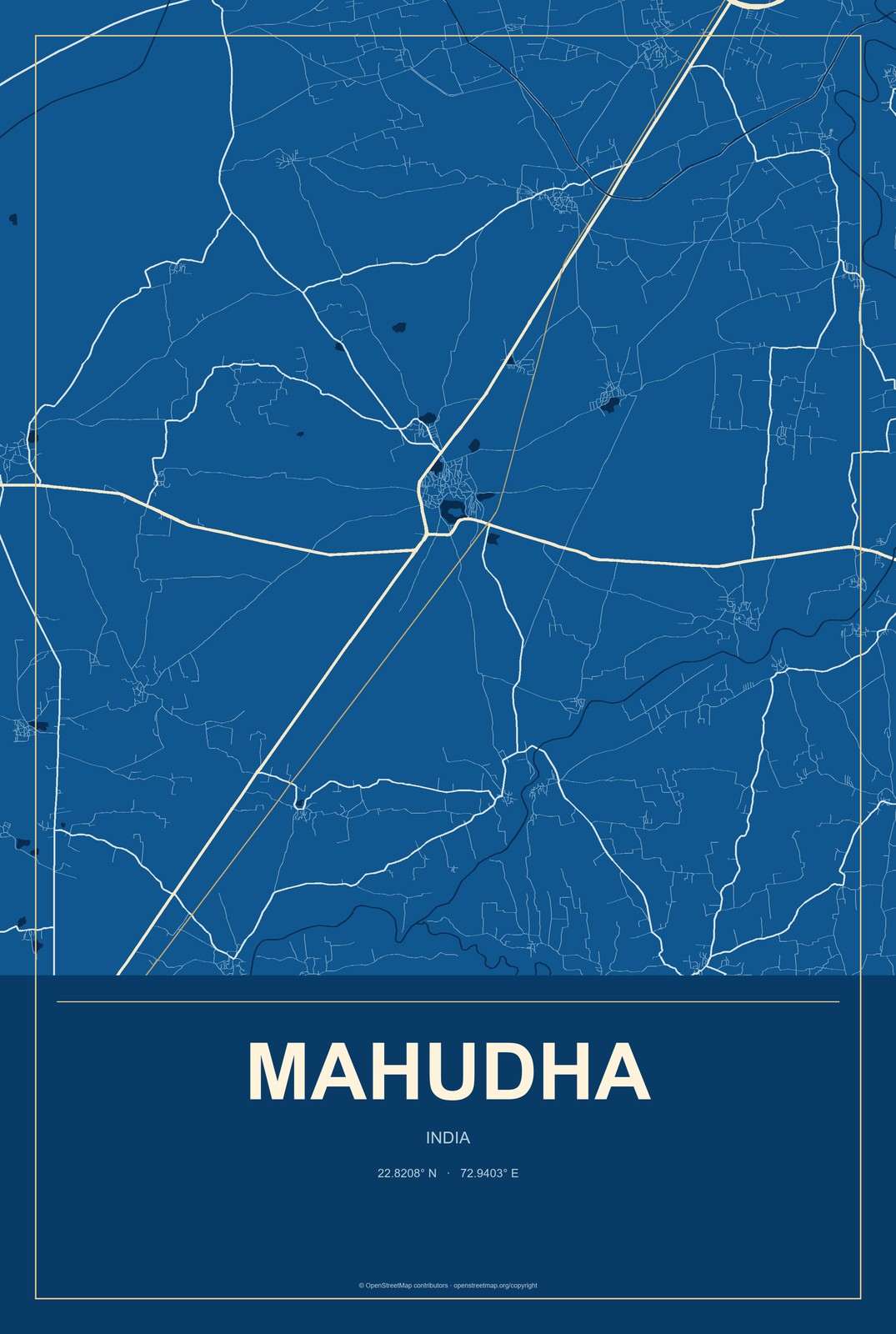 Mahudha, India City Map Aluminum Sign in Harbor Cobalt style