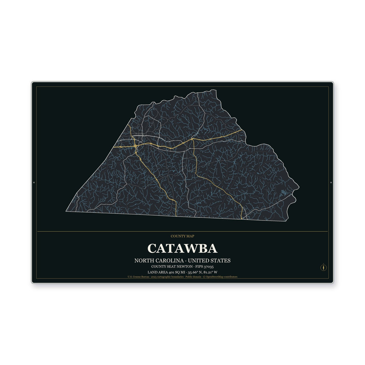 Catawba County, North Carolina Map Aluminum Sign in Metropolitan Noir style