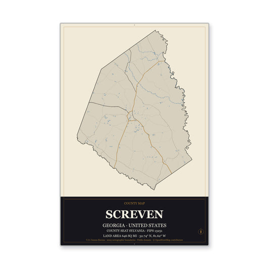 Screven County, Georgia Map Aluminum Sign in Museum Plaque style