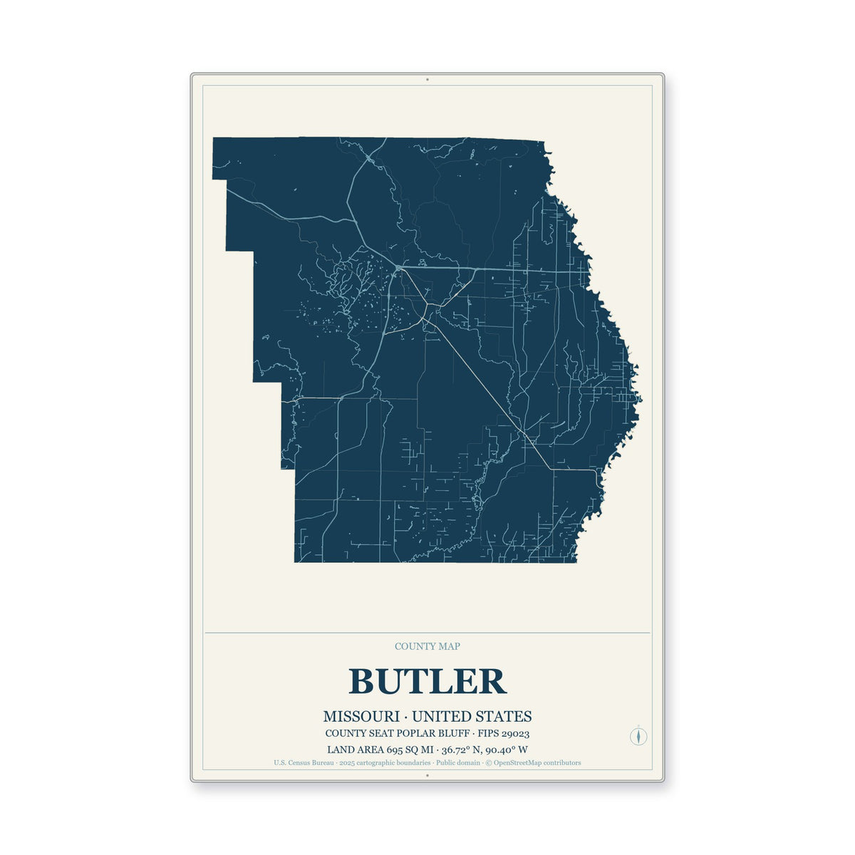 Butler County, Missouri Map Aluminum Sign in Coastal Cutout style