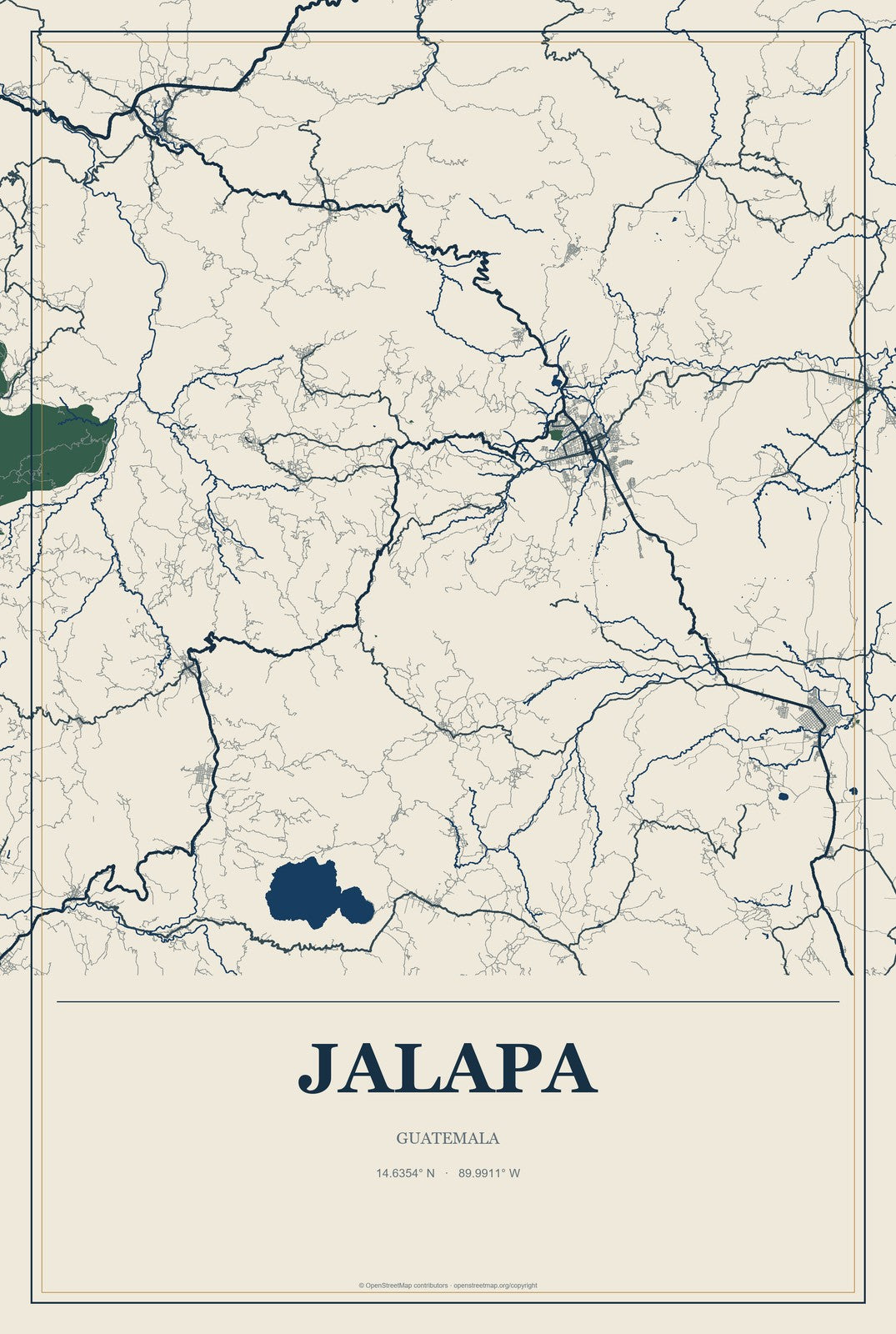 Jalapa, Guatemala City Map Aluminum Sign in Coastal Cutout style