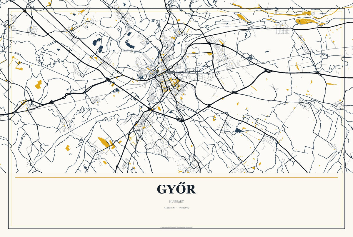 Győr, Hungary City Map Aluminum Sign in Citrine Modern style