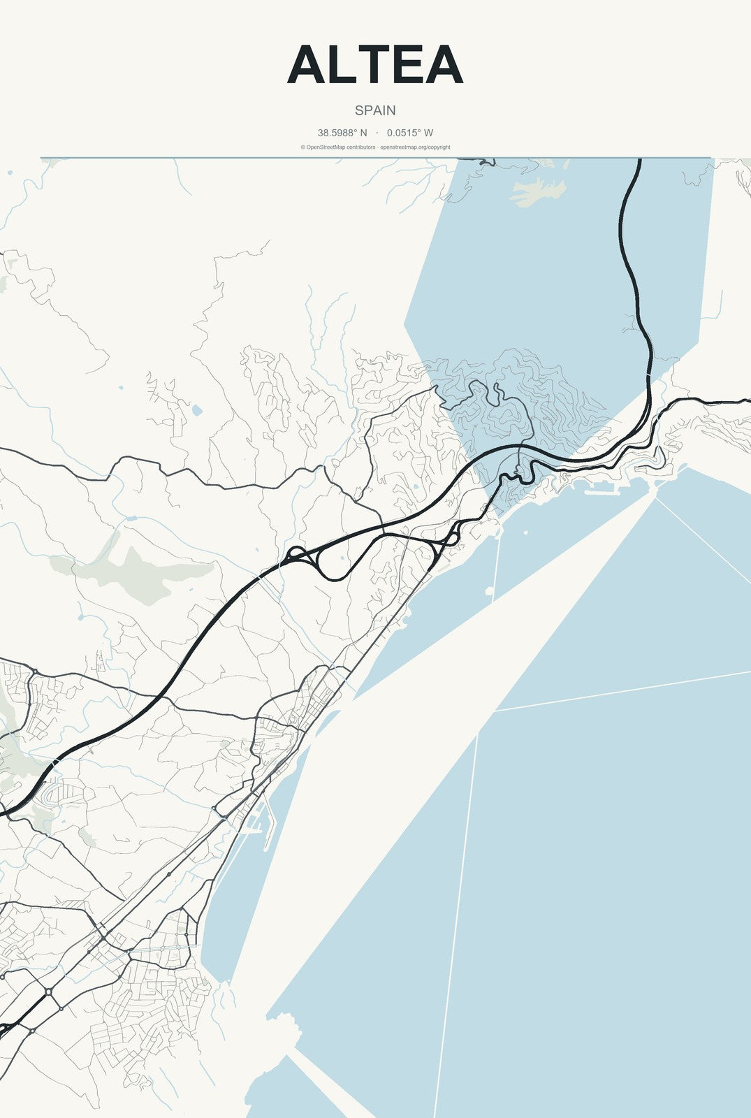 Altea, Spain City Map Aluminum Sign in Headline Atlas style